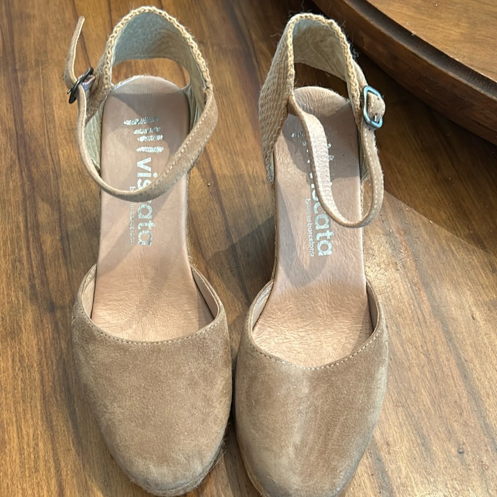 Viscera tan suede and raffia wedges. Has a suede ankle strap. European size 38
